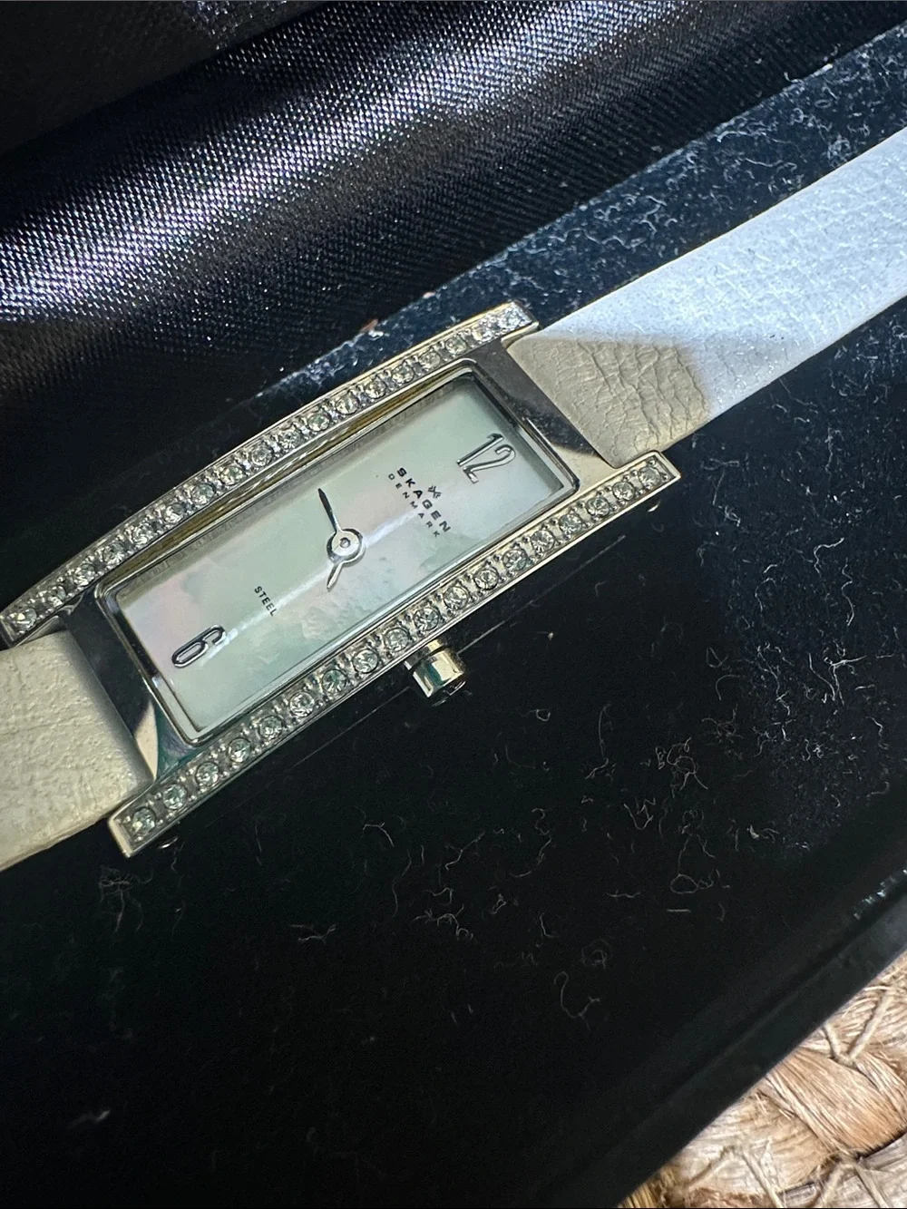 Skagen Silver-Tone Rectangular Crystal Watch with White Leather Strap